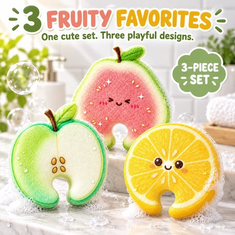 Cartoon Fruit-Printed Wood Pulp Sponge Dish Brush