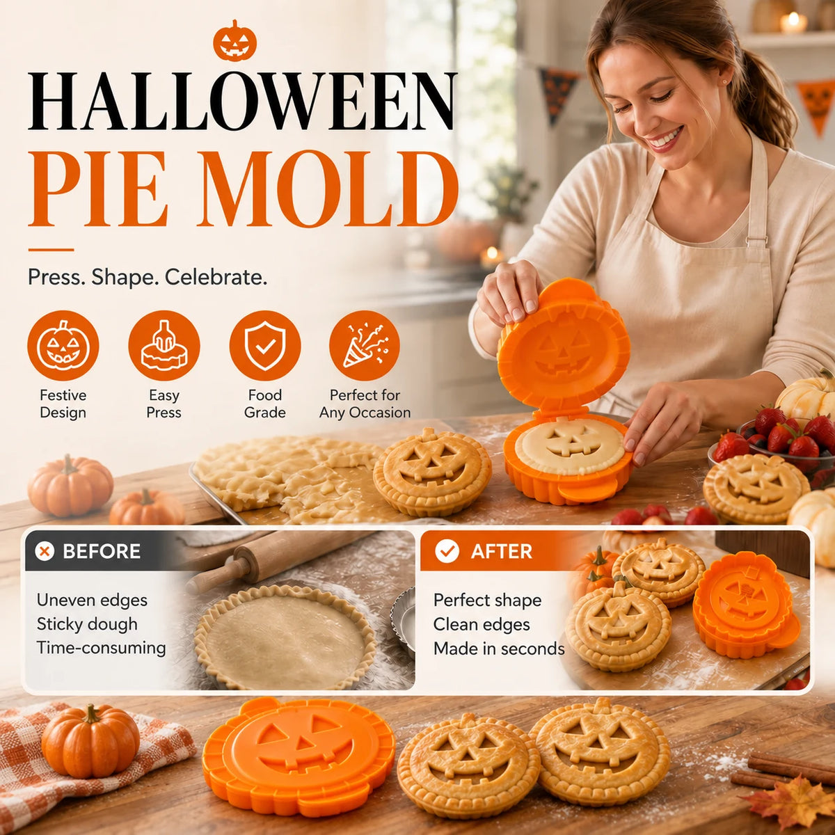Halloween handheld pie press mold with before and after baking examples