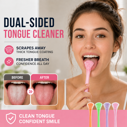 Pink dual-sided silicone tongue cleaner without branding