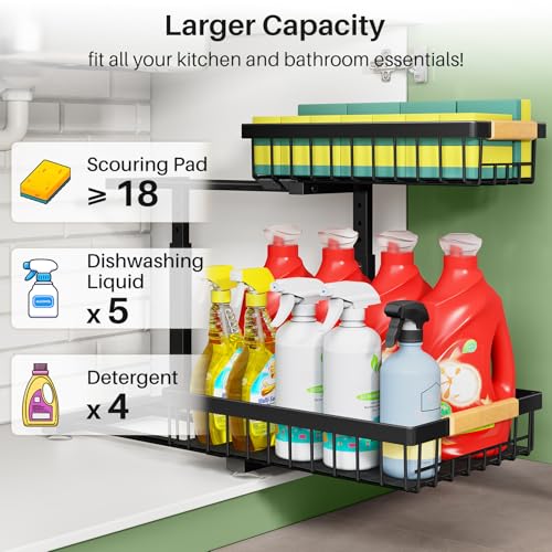 Two-tier metal under-sink organizer with cleaning supplies