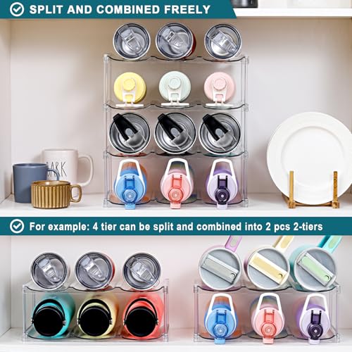 Stackable water bottle organizer in cabinet and pantry layouts