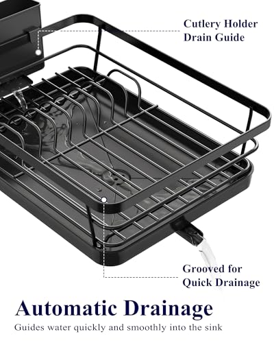 Black compact dish drying rack with utensil holder